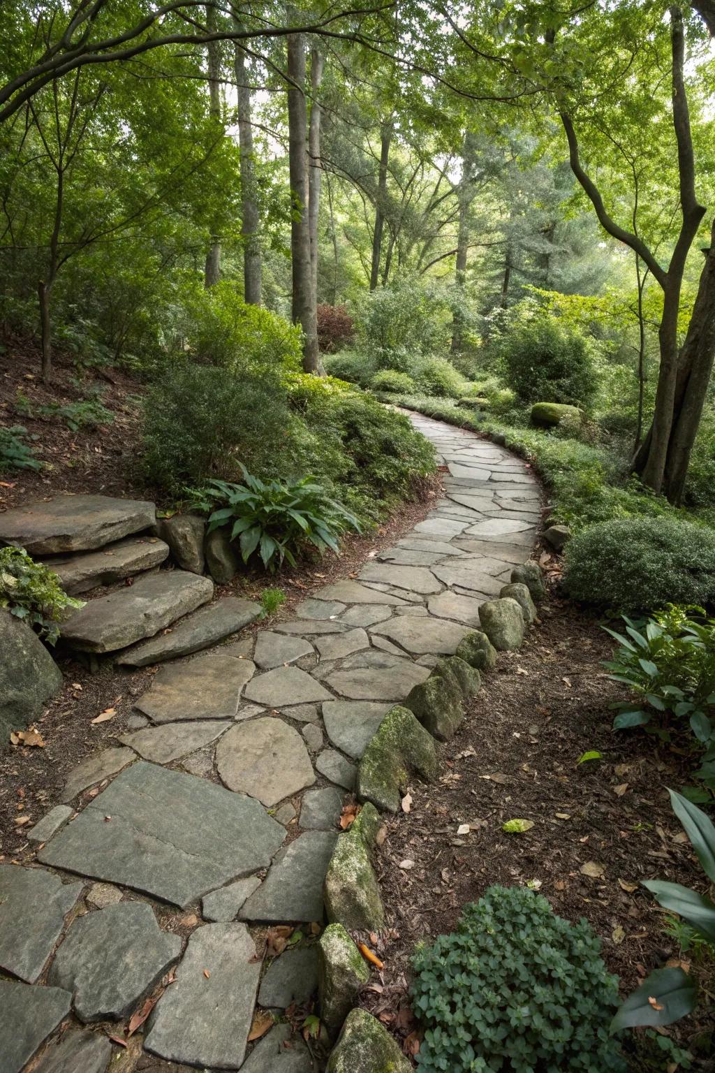 Irregular bluestone slabs create a rustic charm in woodland garden settings.