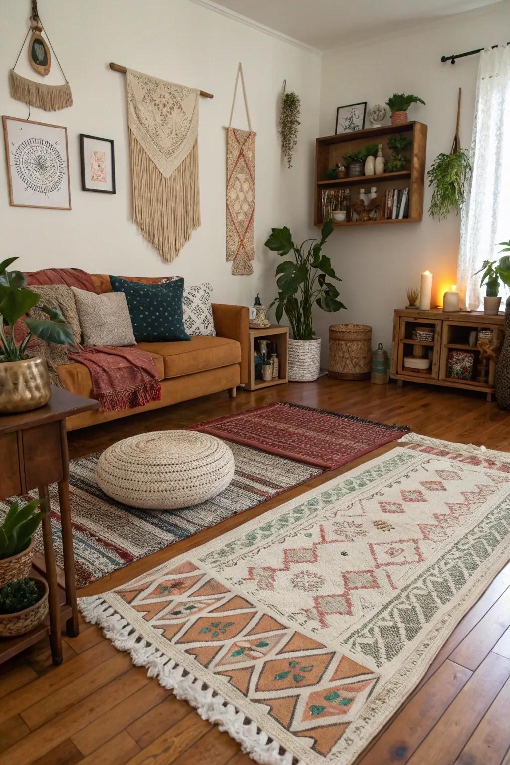 Layered patterned rugs bring warmth and texture to a boho living room.