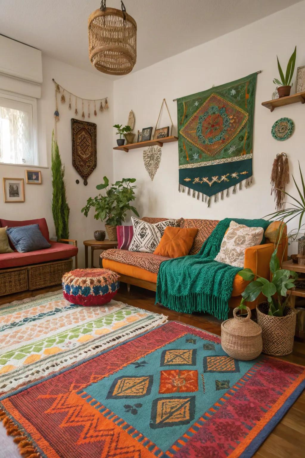 Layered rugs add warmth and texture to any boho living space.