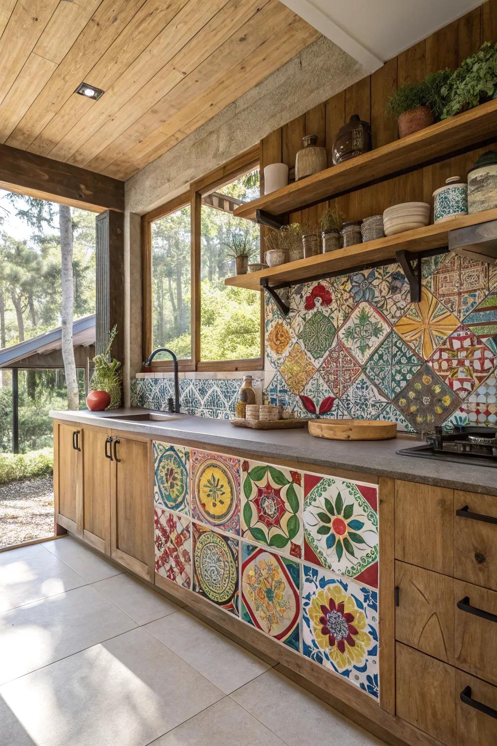 A kitchen with a colorful mosaic tile backsplash that exudes boho charm.