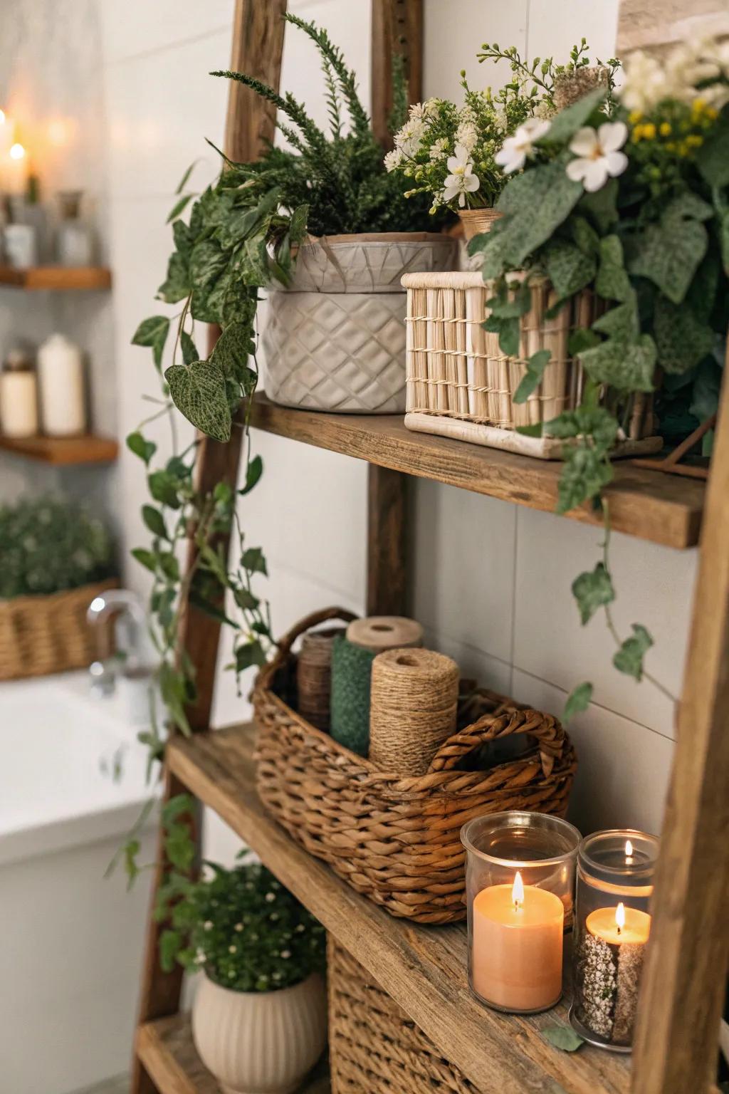 Woven baskets bring texture and functionality to your boho farmhouse bathroom.