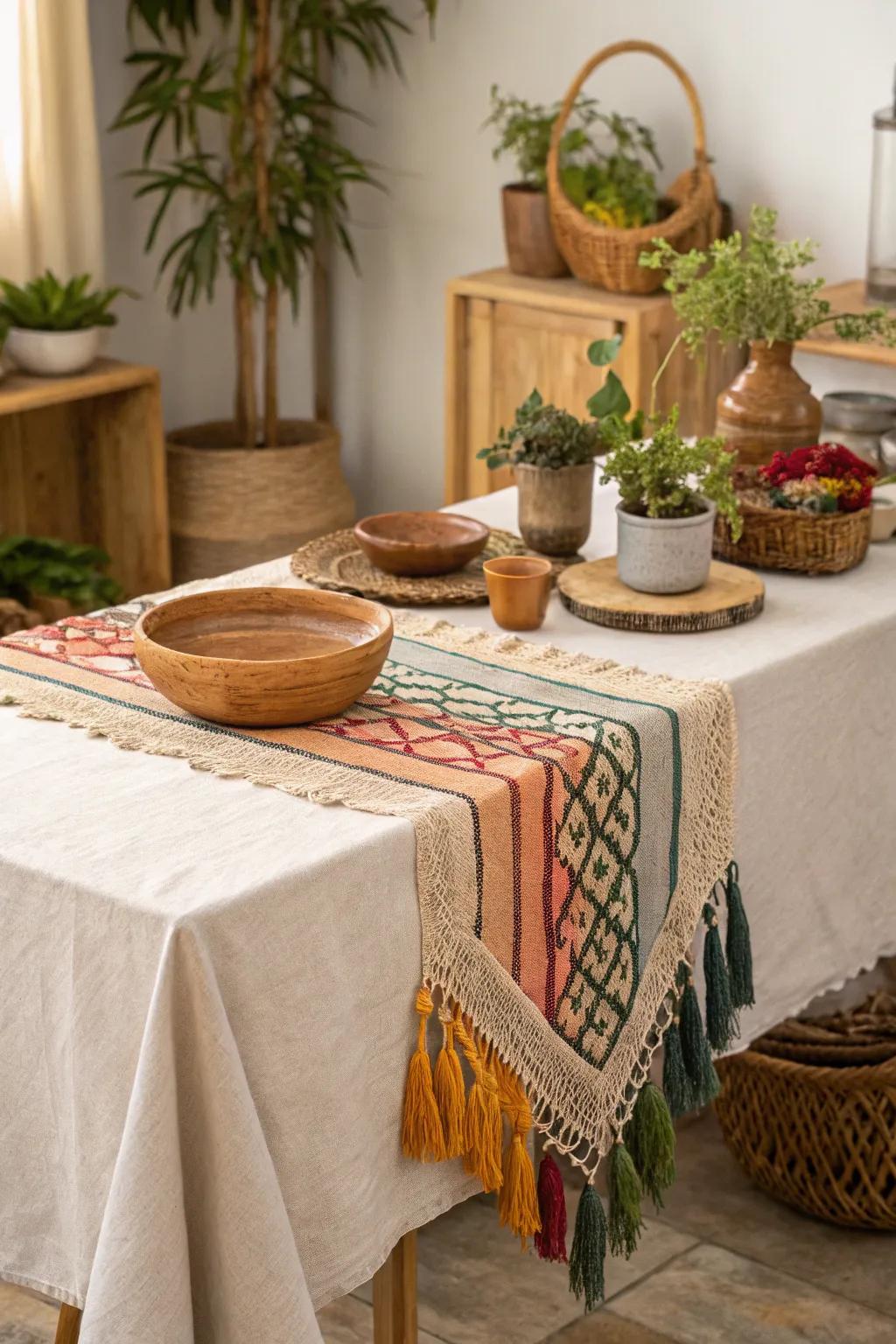 Layered textiles create a warm and inviting boho table.