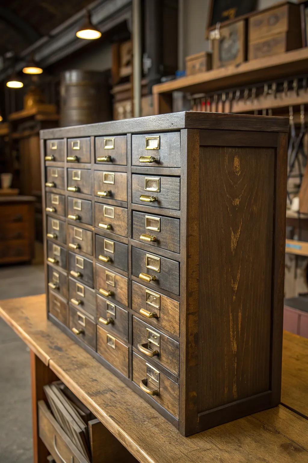Transform your workspace with vintage charm: Repurpose an old card file cabinet into a chic bolt organizer.