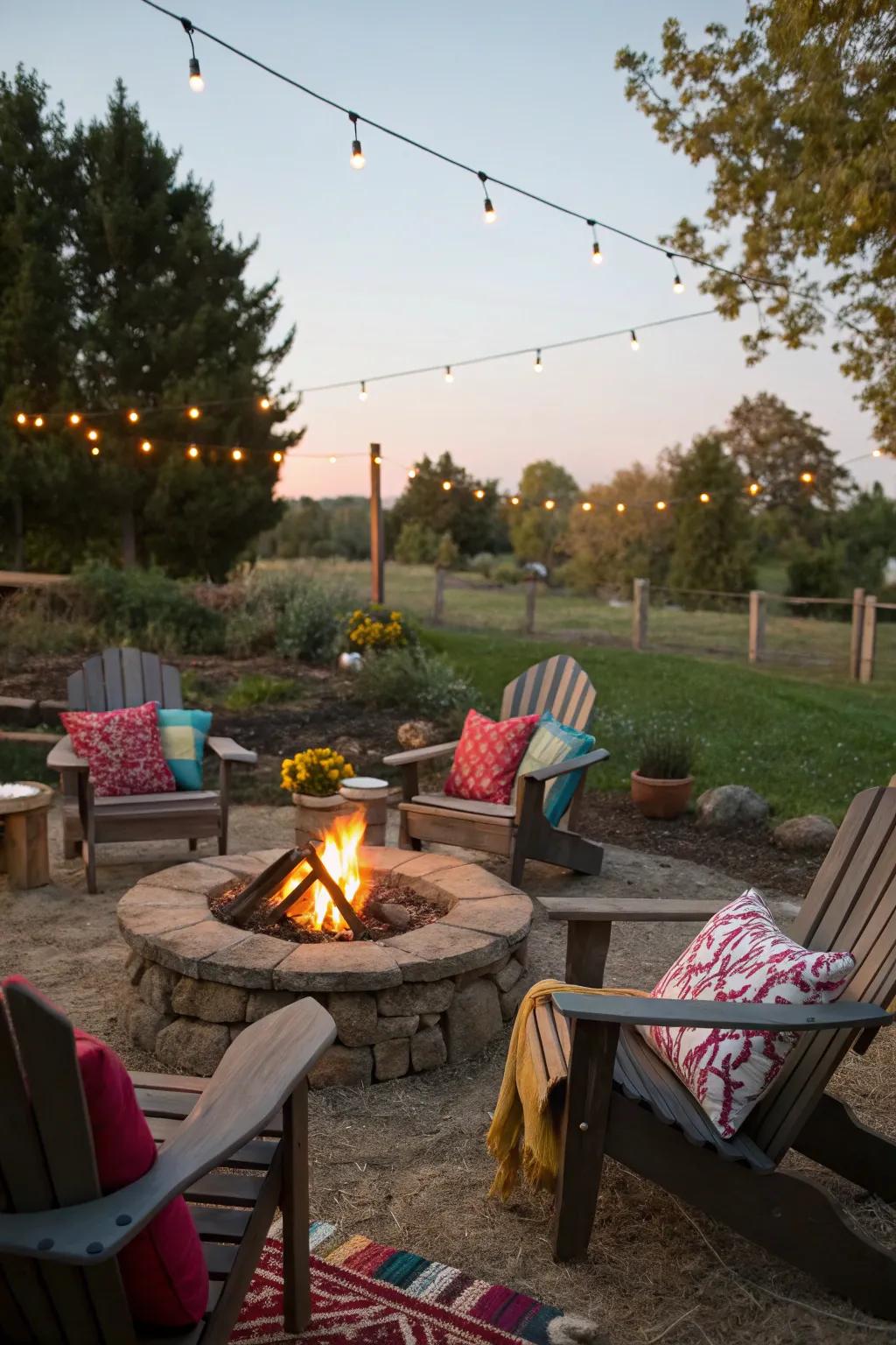 Comfortable seating around the bonfire creates a warm atmosphere.