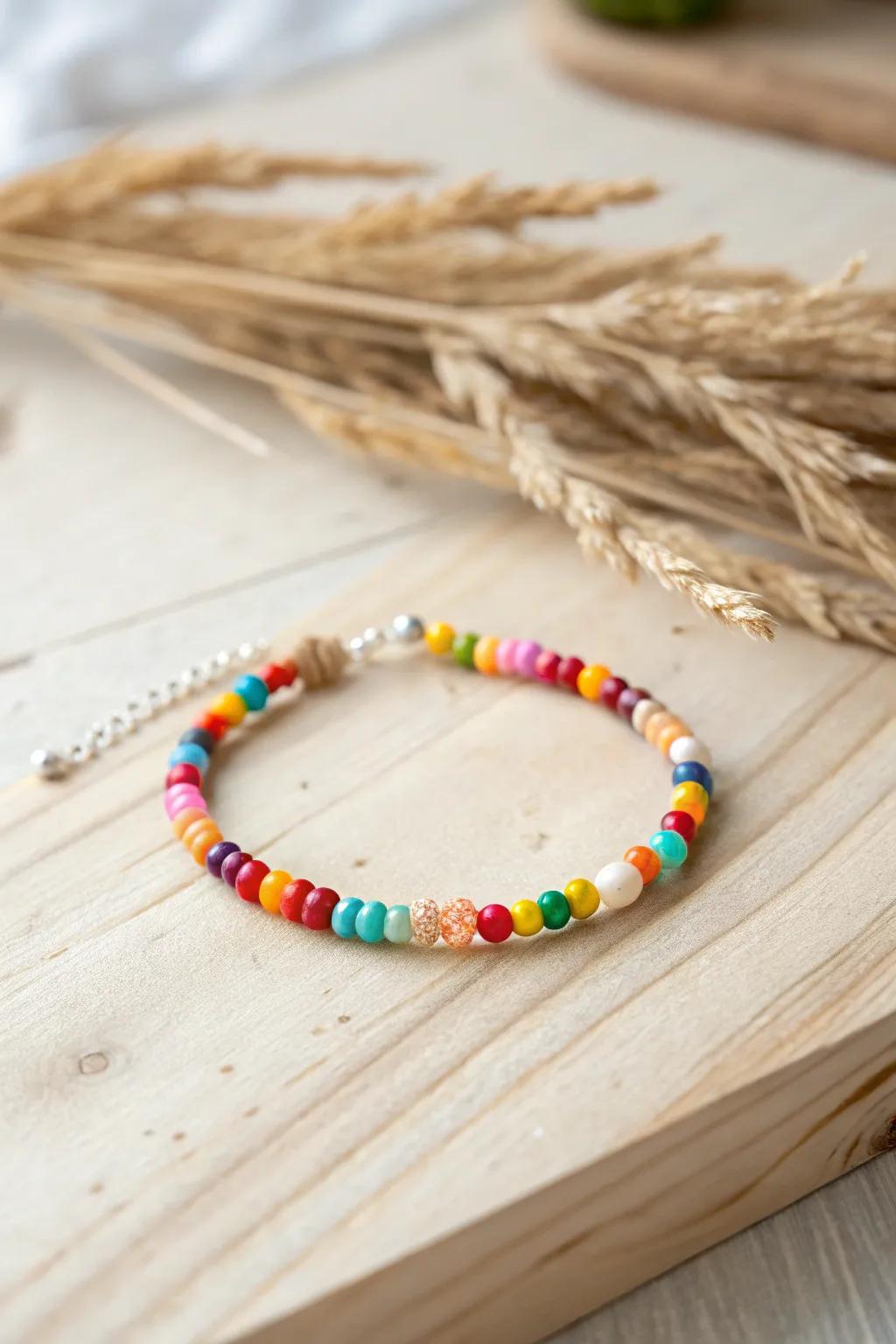 Add a pop of color to your outfit with this handcrafted elastic bead bracelet. 🌈 #MinimalistBoho #ScandiChic