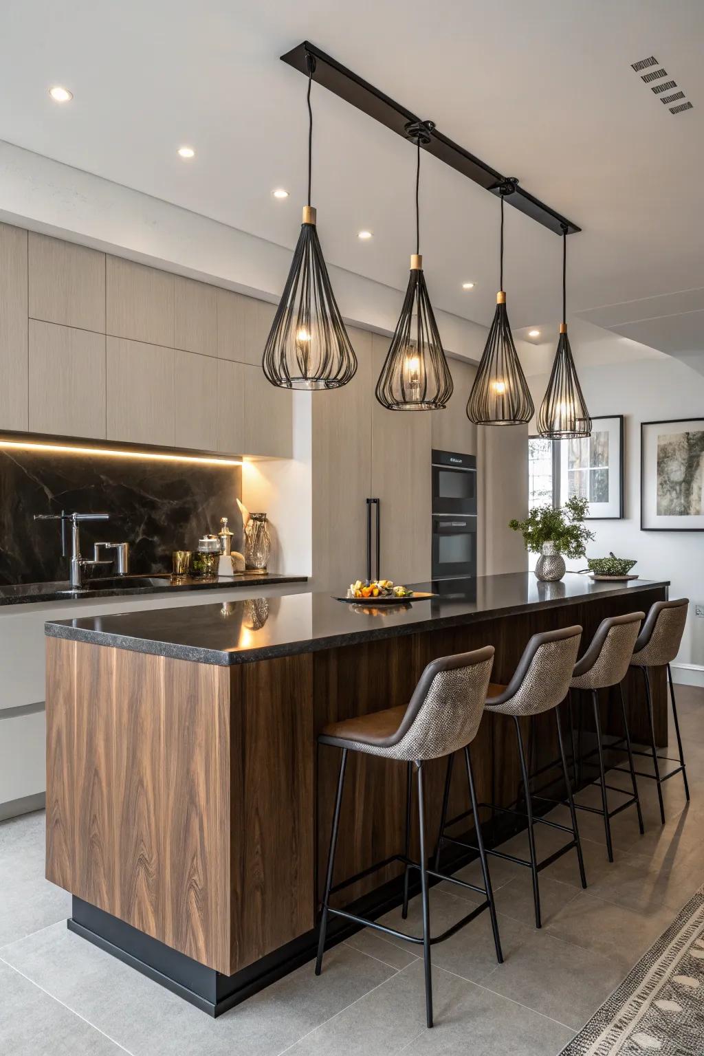 Sleek metal pendant lights add elegance and function.