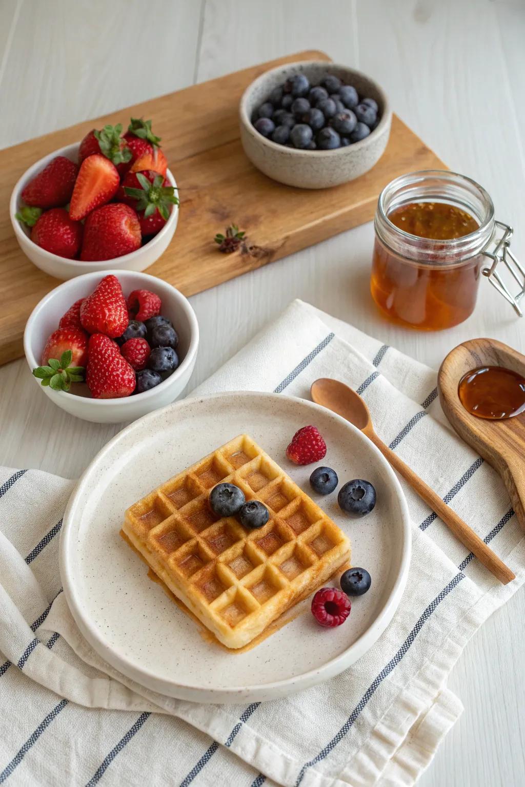 Indulge in a Waffle Bar Extravaganza: Craft your perfect breakfast creation with a touch of Scandinavian simplicity and Boho elegance.