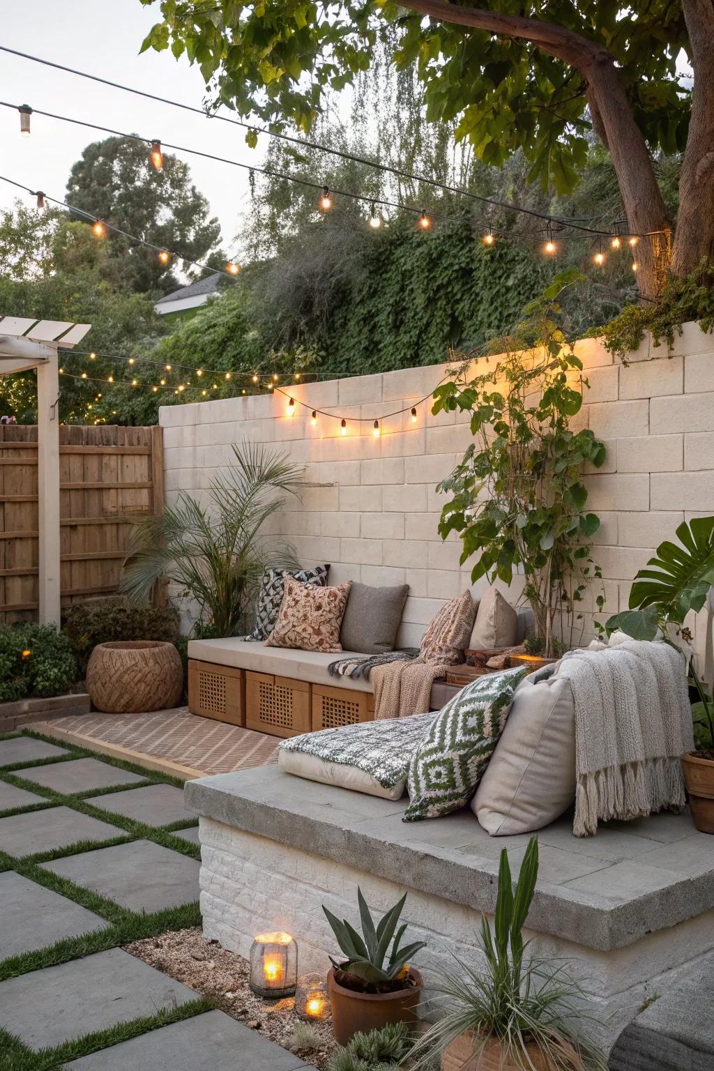 A tranquil patio retreat featuring a breeze block privacy wall.