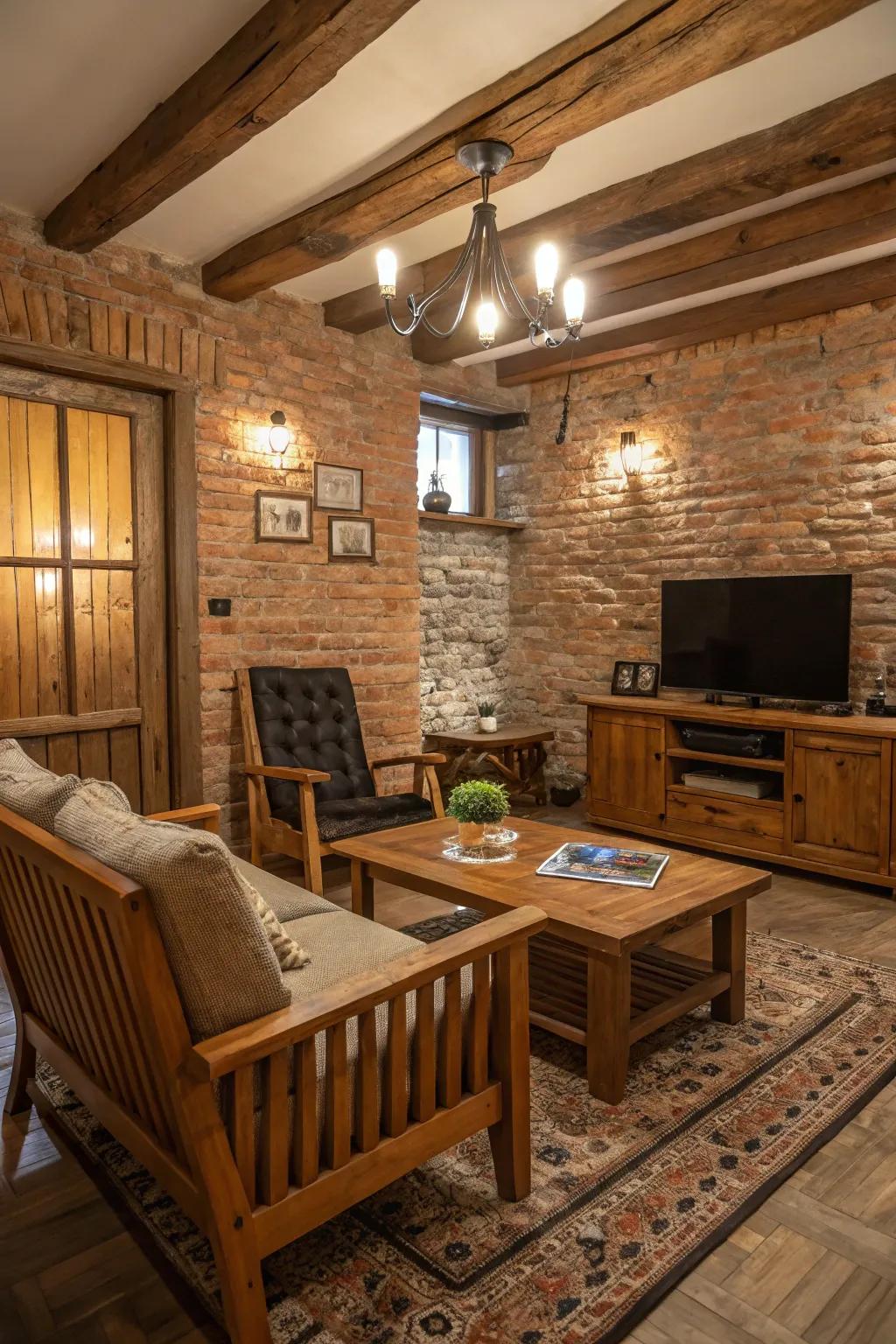 Rustic charm with exposed brick in a warm, inviting living room.