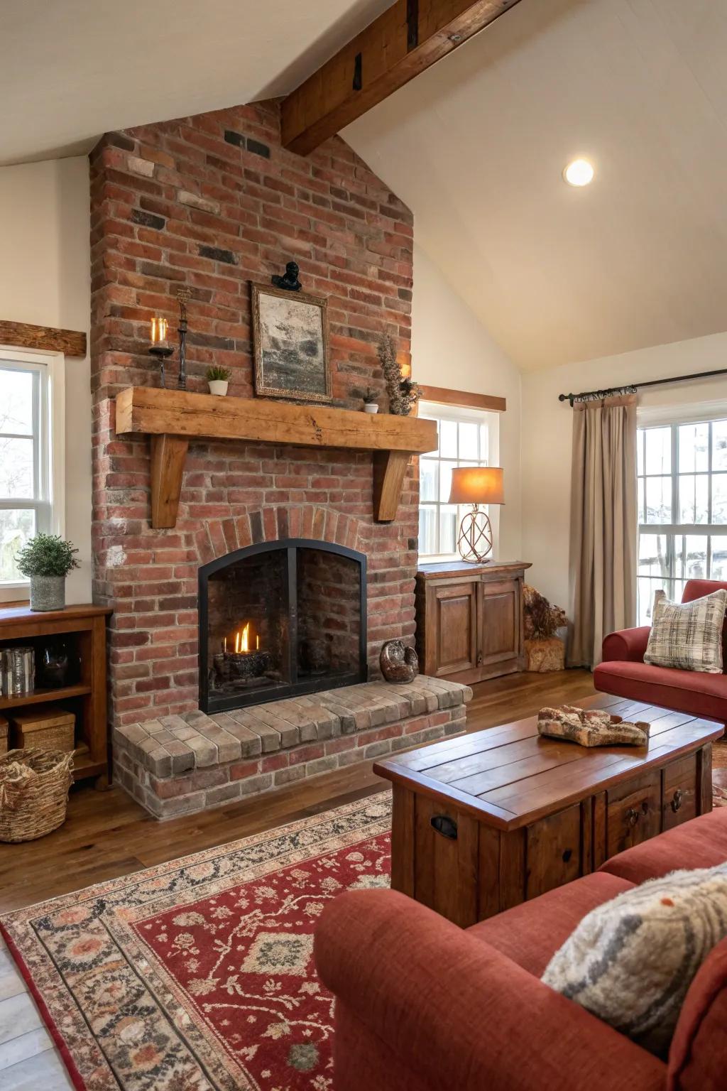 Rustic charm with a red brick fireplace and reclaimed wood mantel.