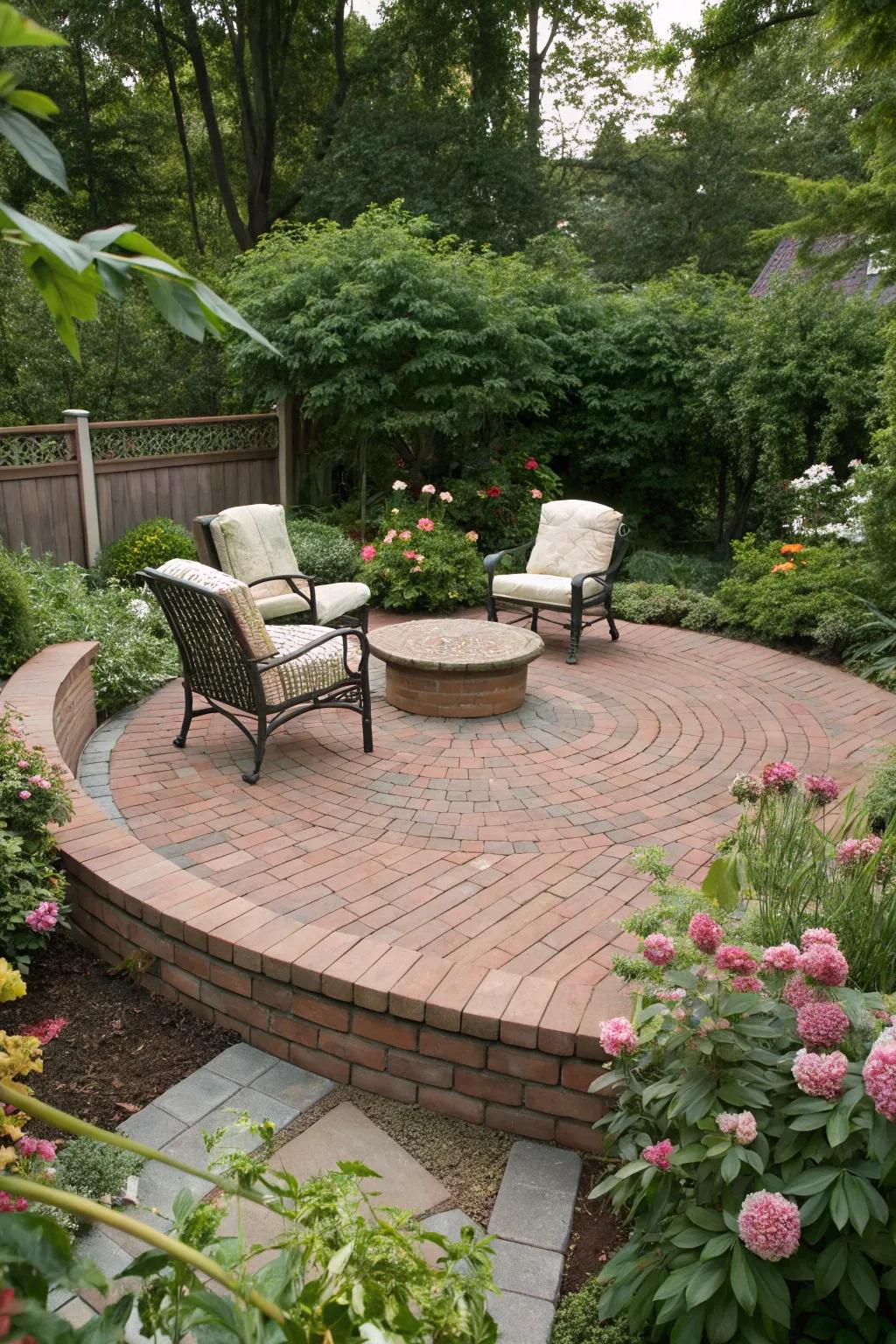 A circular brick patio offers a charming and intimate garden retreat.