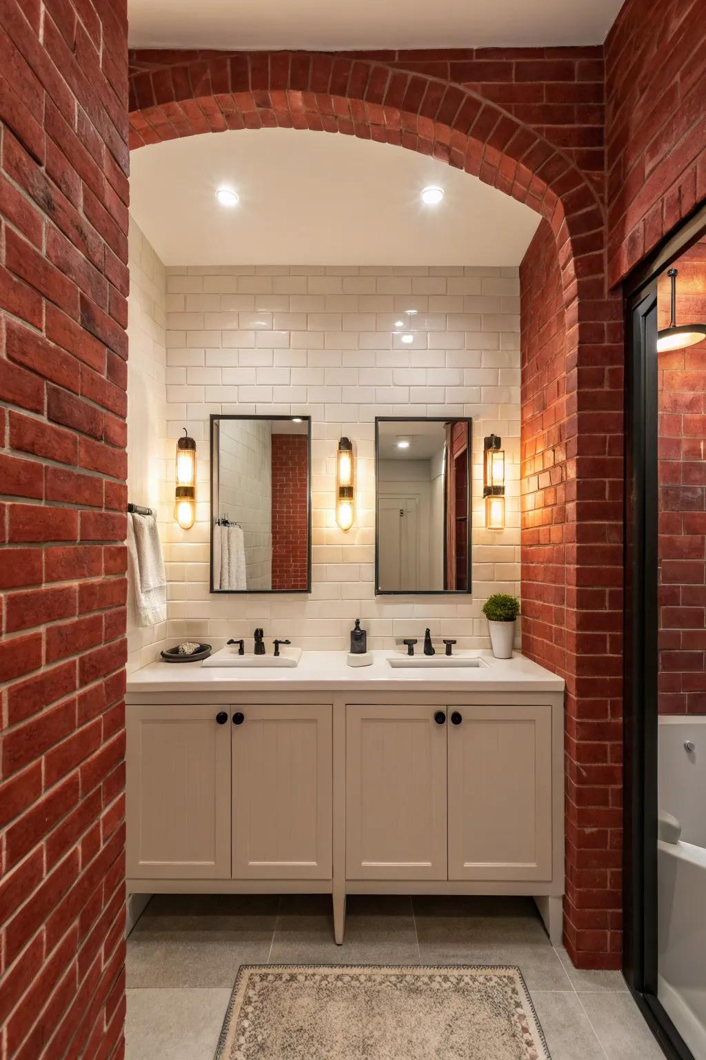 A classic red brick wall adds timeless charm to any bathroom.