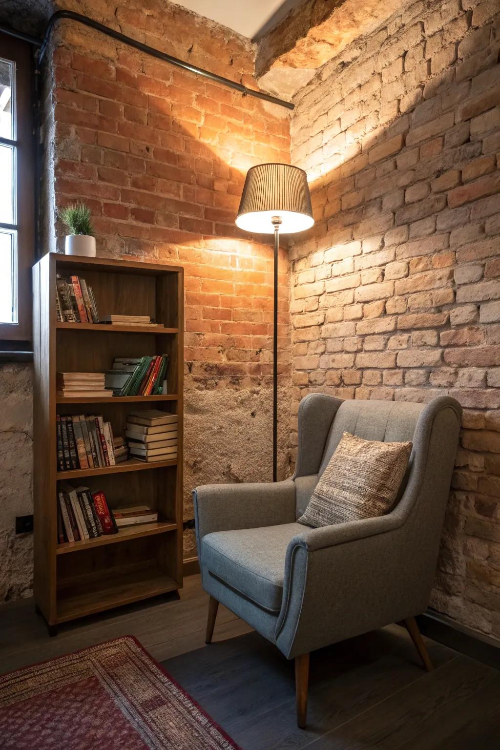 A cozy reading nook invites relaxation with its warm, brick wall backdrop.