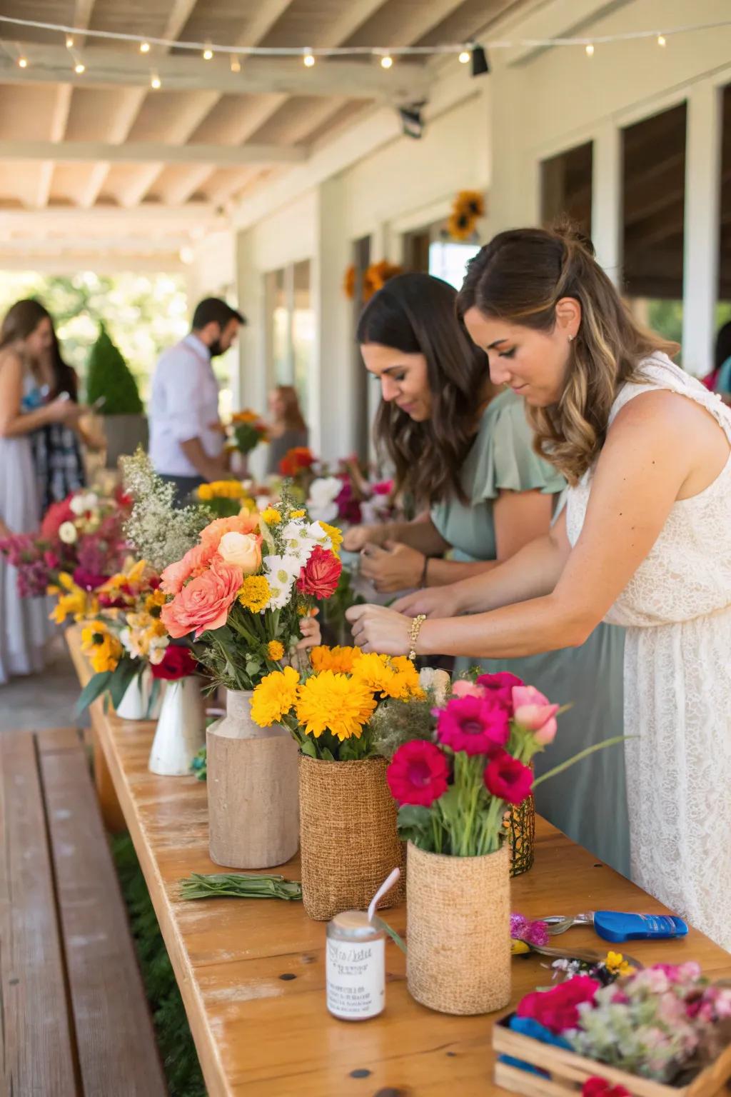 Guests enjoying a creative moment with a DIY flower station.