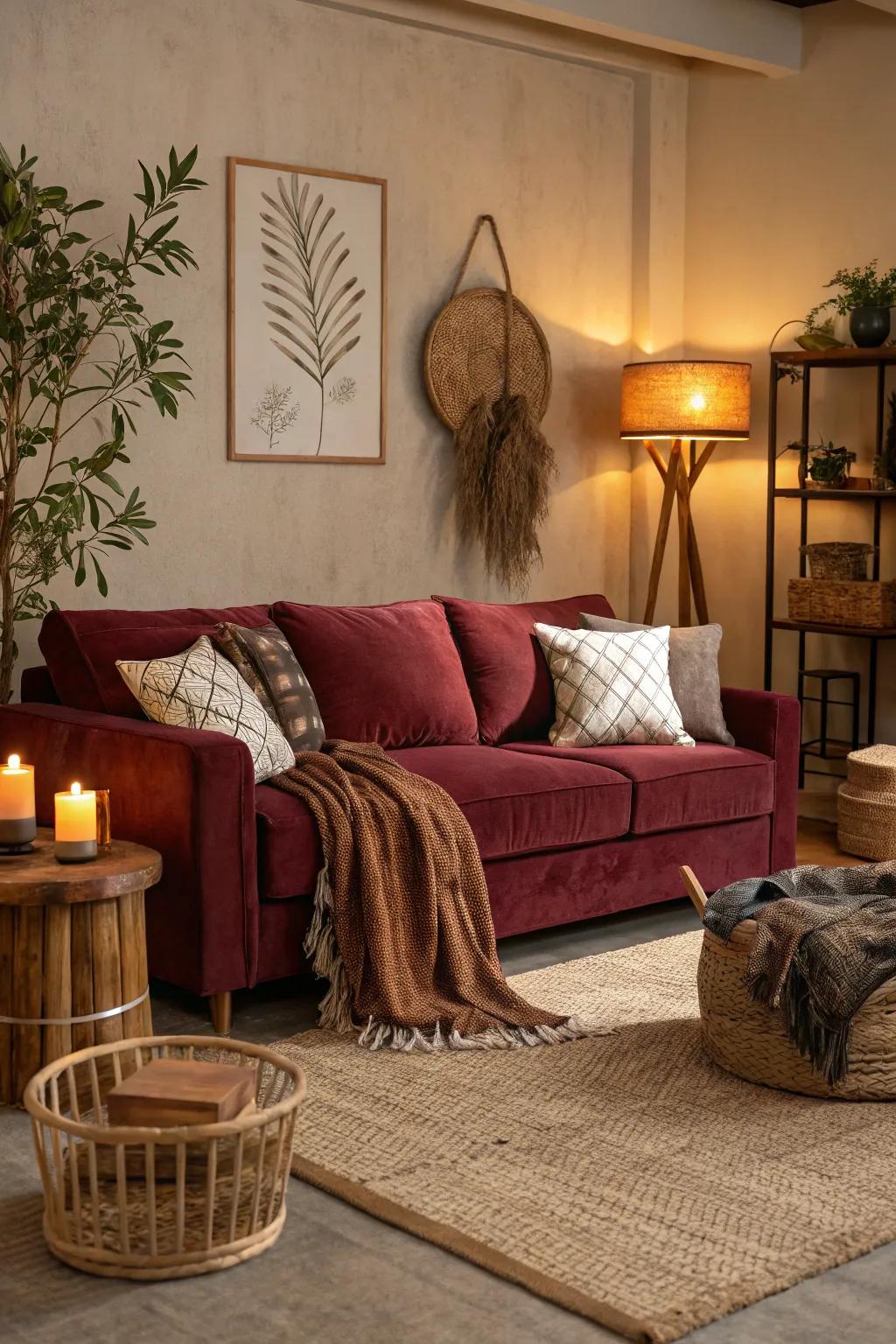 A burgundy sofa makes a bold statement in a room dominated by earthy tones.