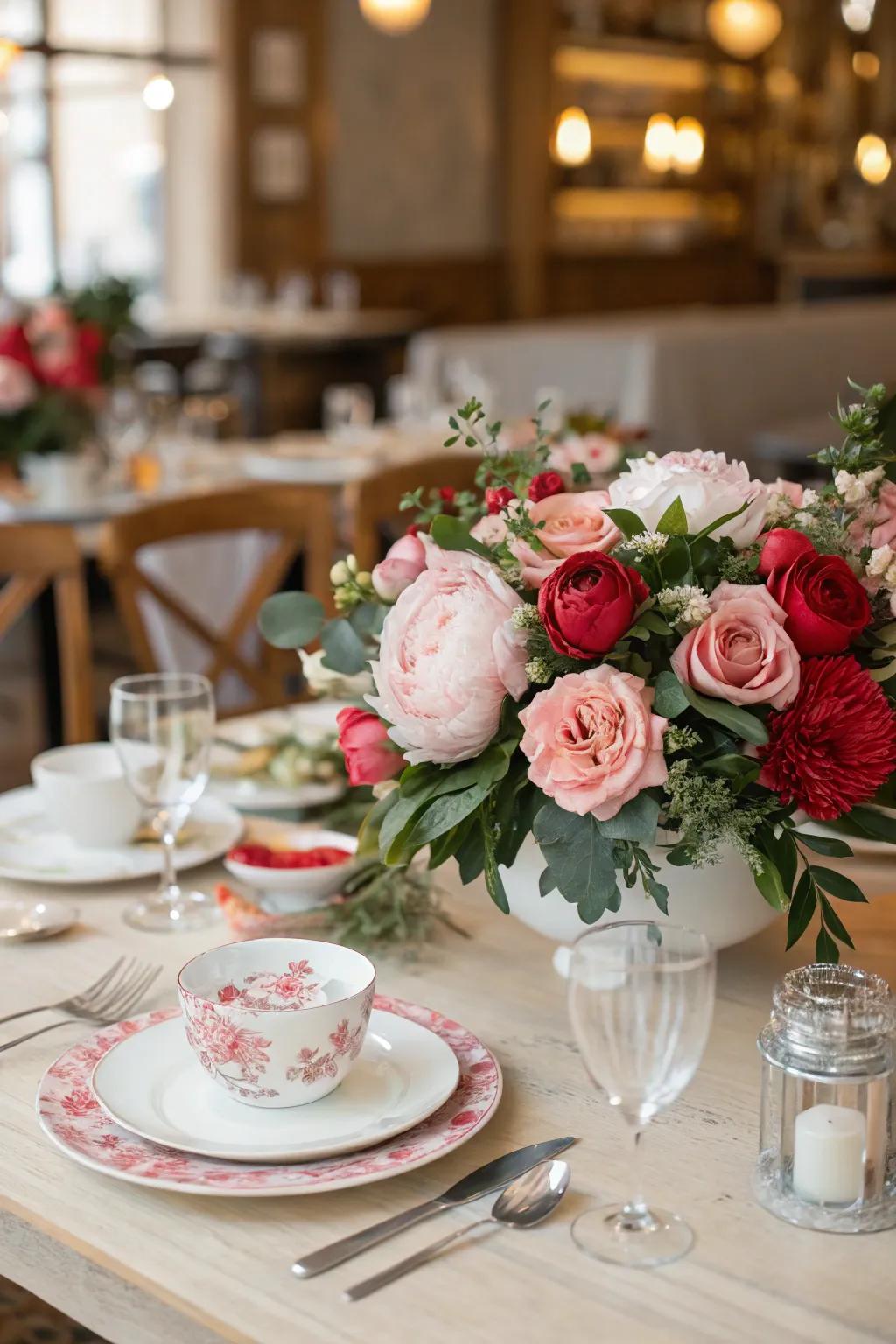 A brunch table adorned with a lush floral centerpiece of peonies and roses.