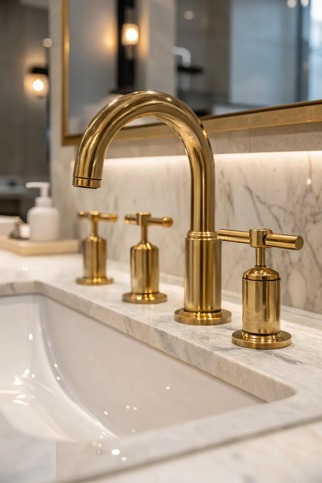 Brushed brass faucets paired with a marble basin, adding a touch of luxury to the bathroom.