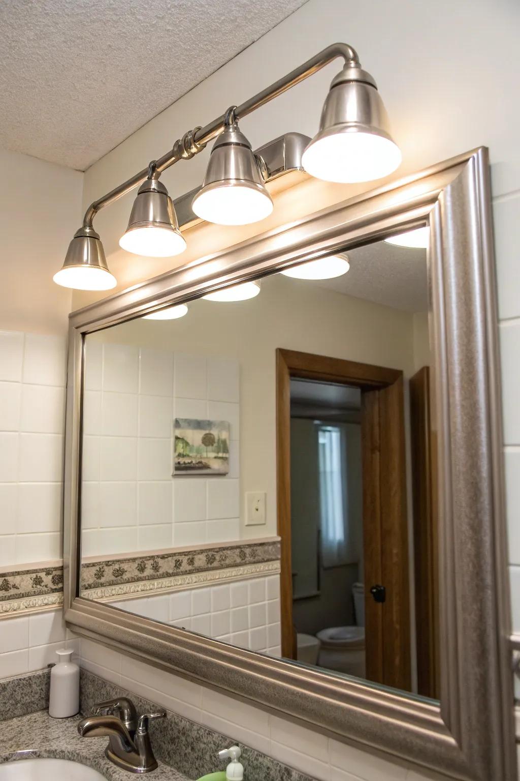 A bathroom mirror illuminated by a classic linear brushed nickel lighting fixture.