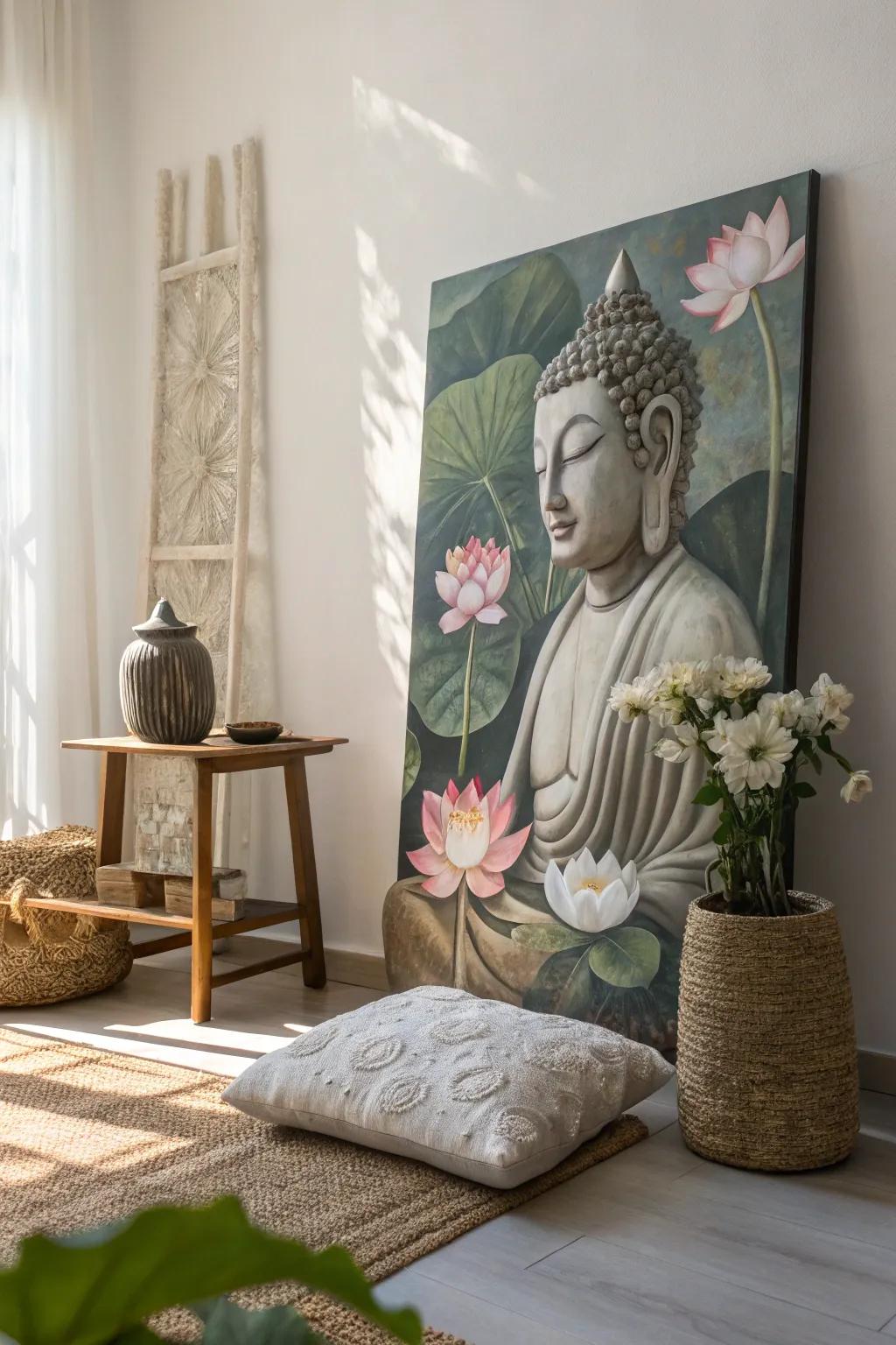 A Buddha painting with lotus blossoms enhances the serenity of this minimalistic decor.