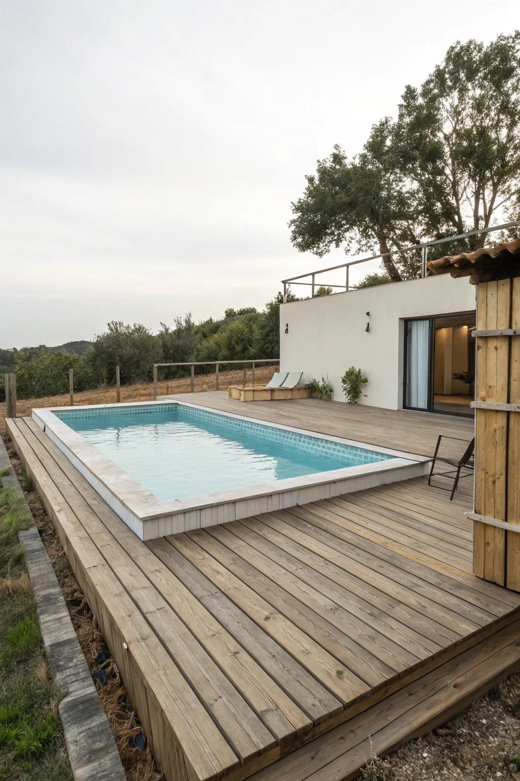 A simple wooden deck offers a timeless and budget-friendly solution for your above-ground pool.