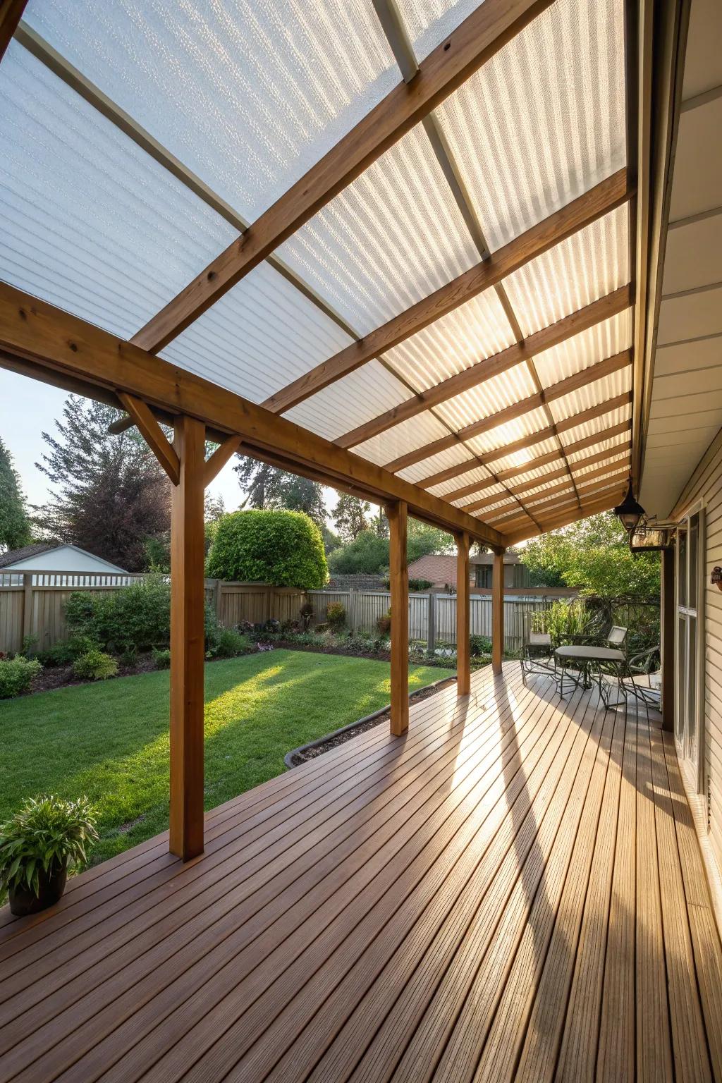 Corrugated plastic roofing brings light and protection to your deck.