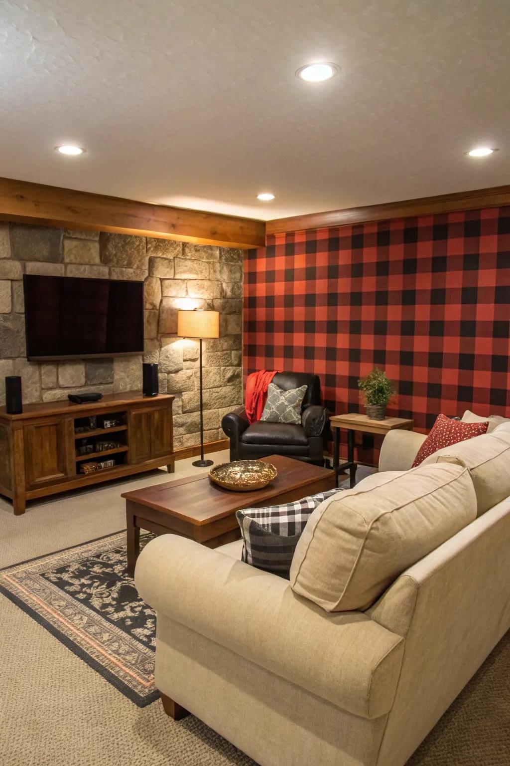 A living room with a stylish buffalo plaid accent wall.