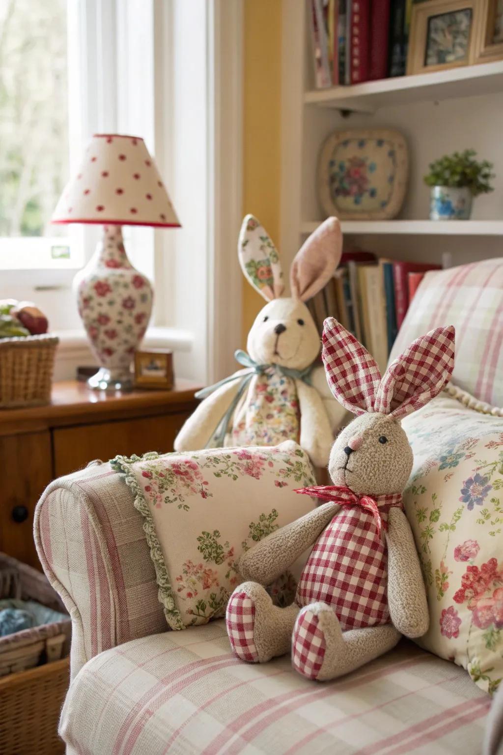 These charming stuffed bunnies are crafted from vintage fabric, adding a nostalgic touch to any space.