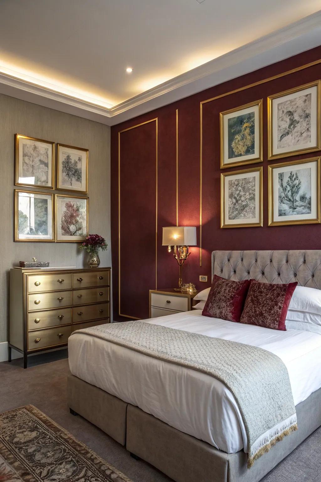 A bold burgundy accent wall beautifully complemented by gold-framed artwork.