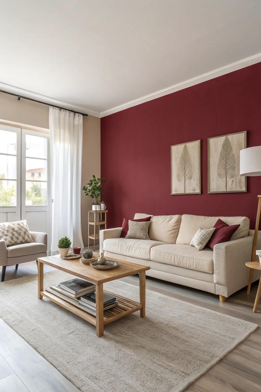 A striking burgundy feature wall enhances this living room's elegance.