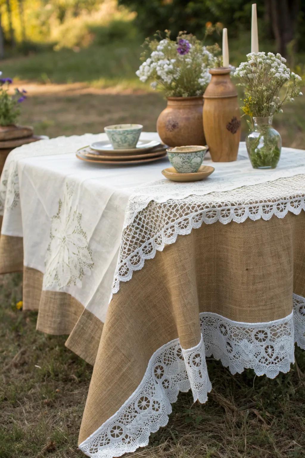 Rustic meets vintage: a charming blend of burlap and lace for a perfect garden tea party setting.