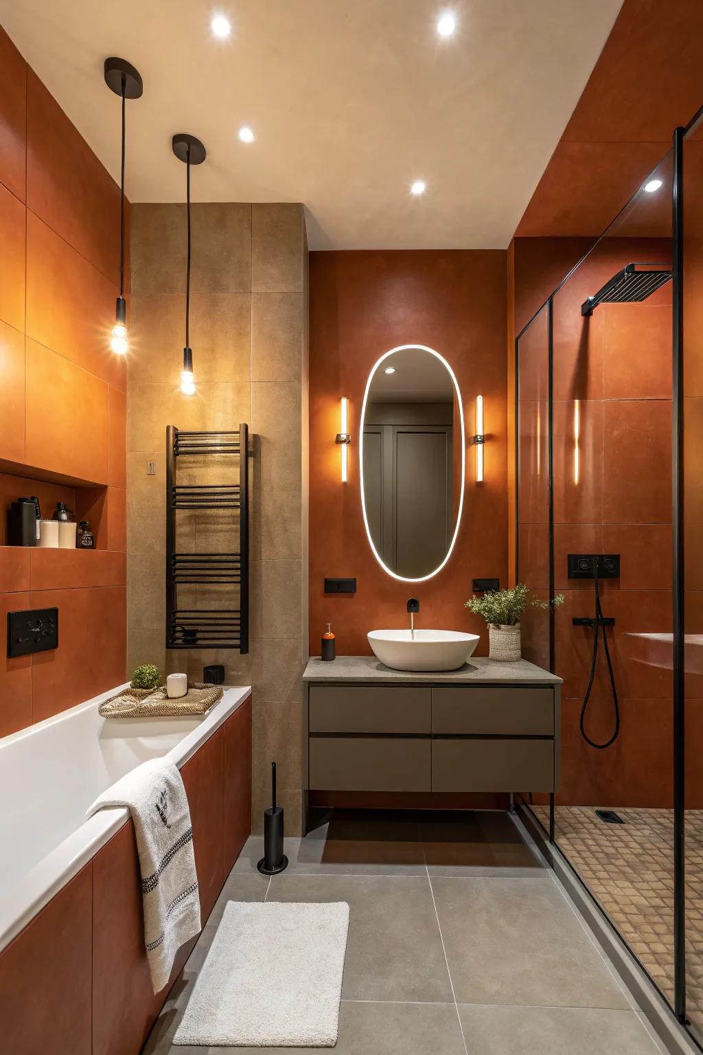 Bold burnt orange walls that transform the bathroom into a cozy retreat.