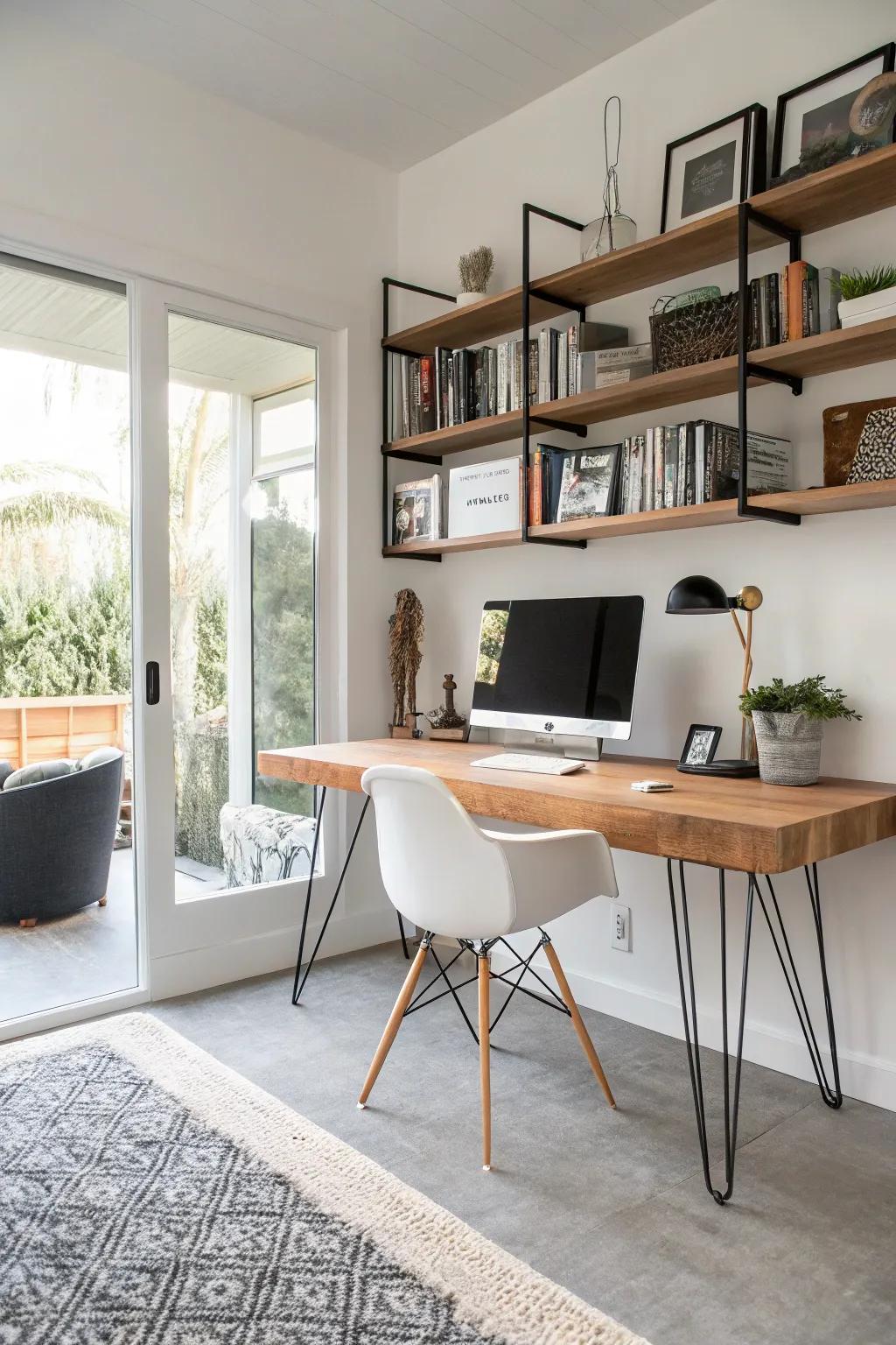 A minimalist office featuring a butcher block desk with hairpin legs.