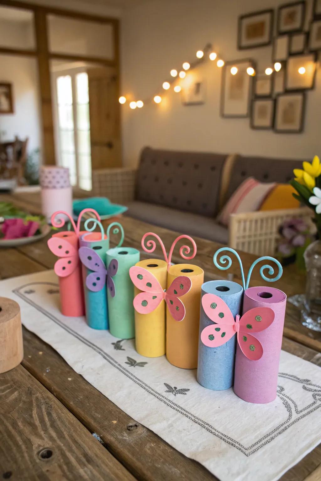 Repurpose toilet paper rolls into charming butterfly decor.