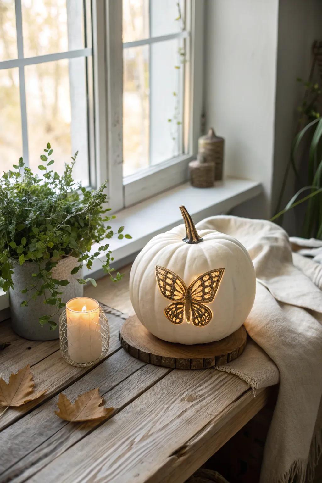 Embrace the elegance of simplicity with this stunning butterfly silhouette carving, perfect for adding a touch of warmth to your autumn décor.