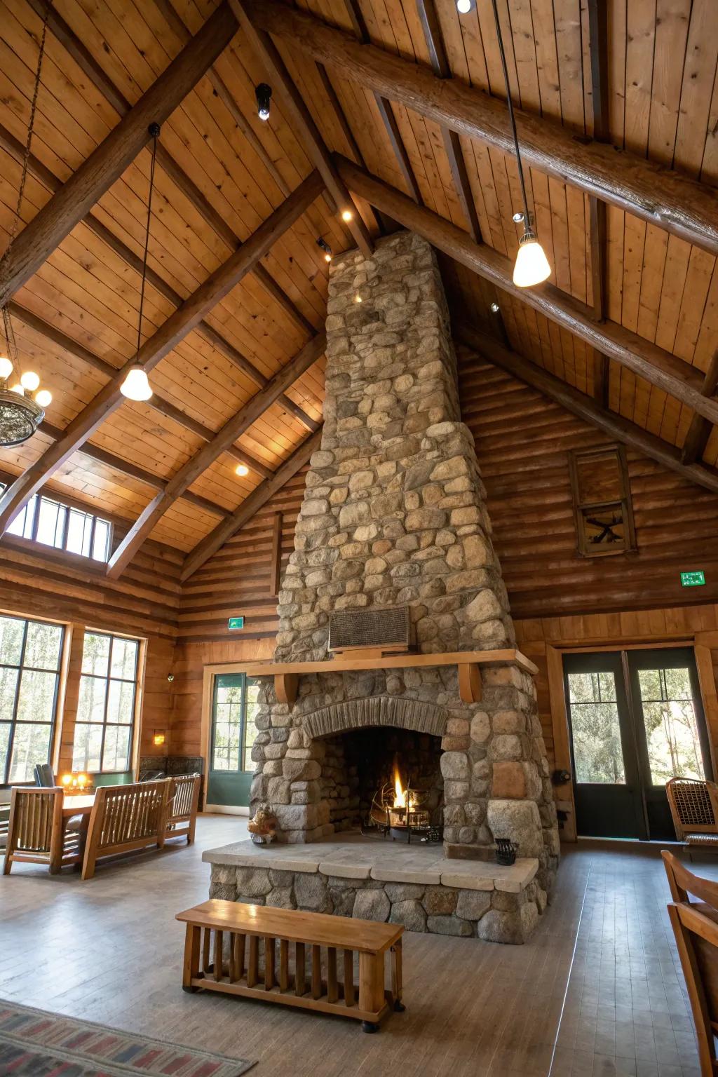 A grand stone fireplace making a bold statement in a cabin.