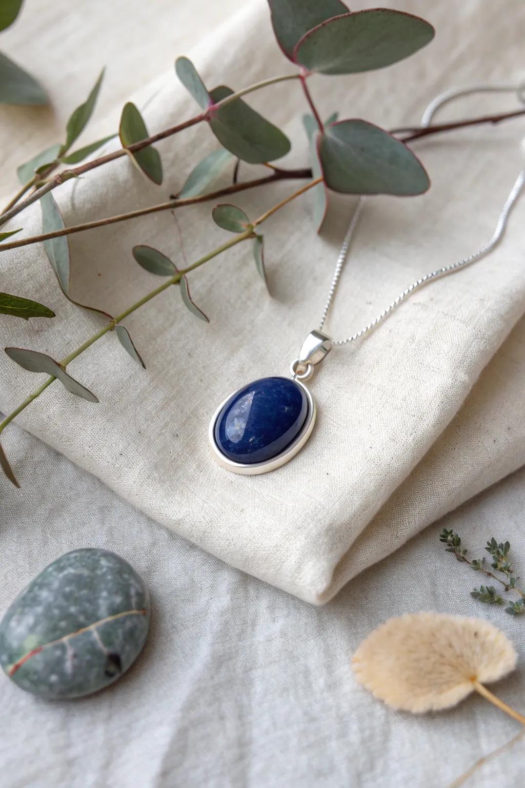 Elevate your style with the timeless elegance of a deep blue cabochon pendant.