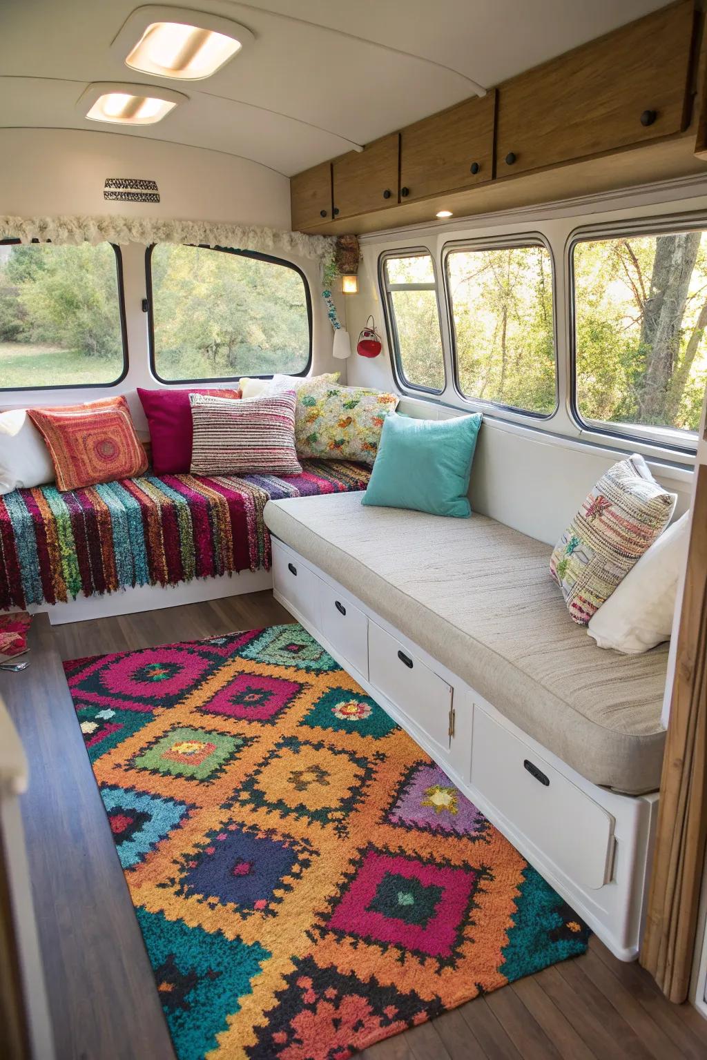 Brighten your camper with colorful accents like pillows and rugs.