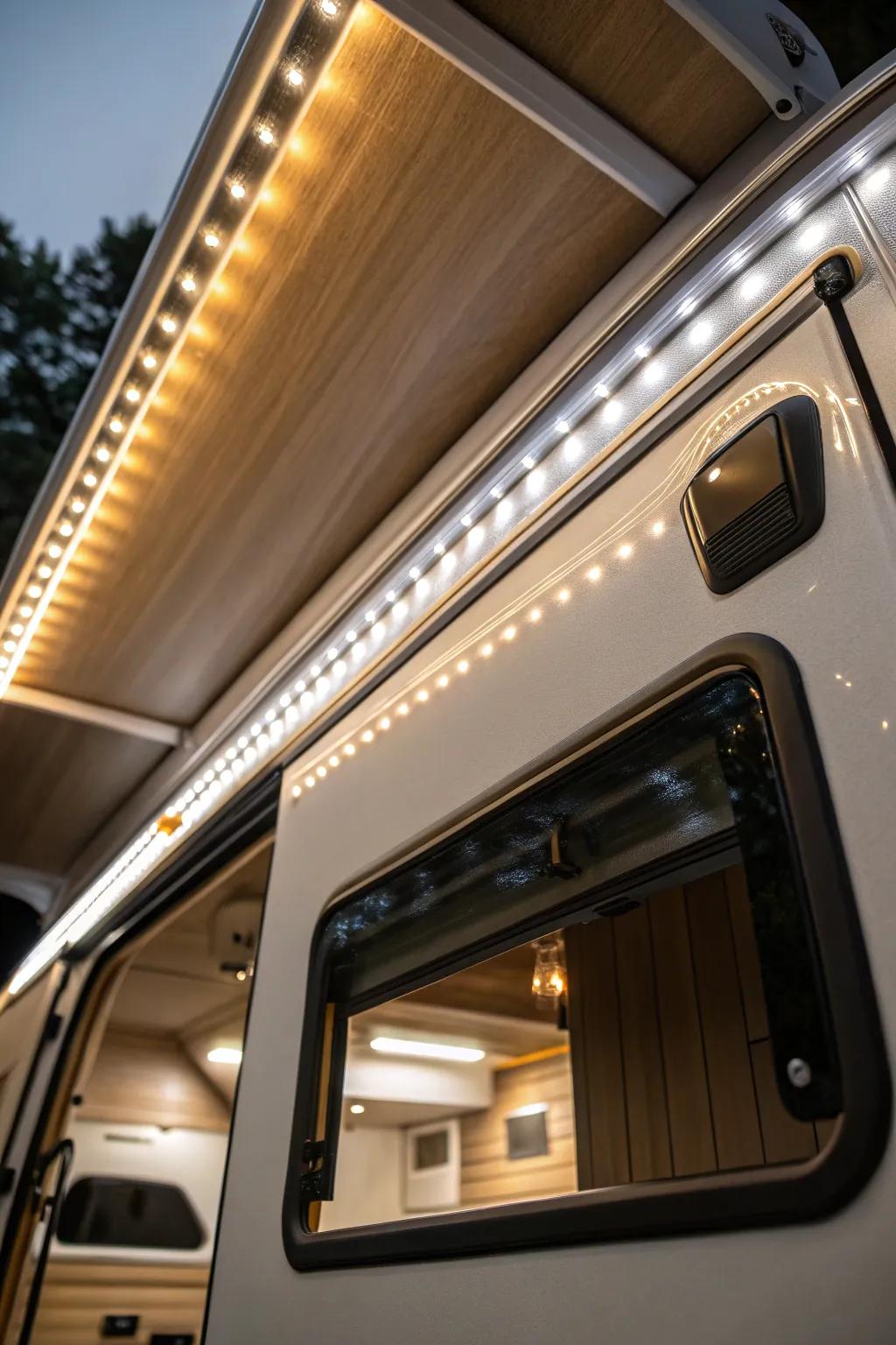 Illuminate your adventure: Sleek LED strip lighting for a cozy camper shell experience.