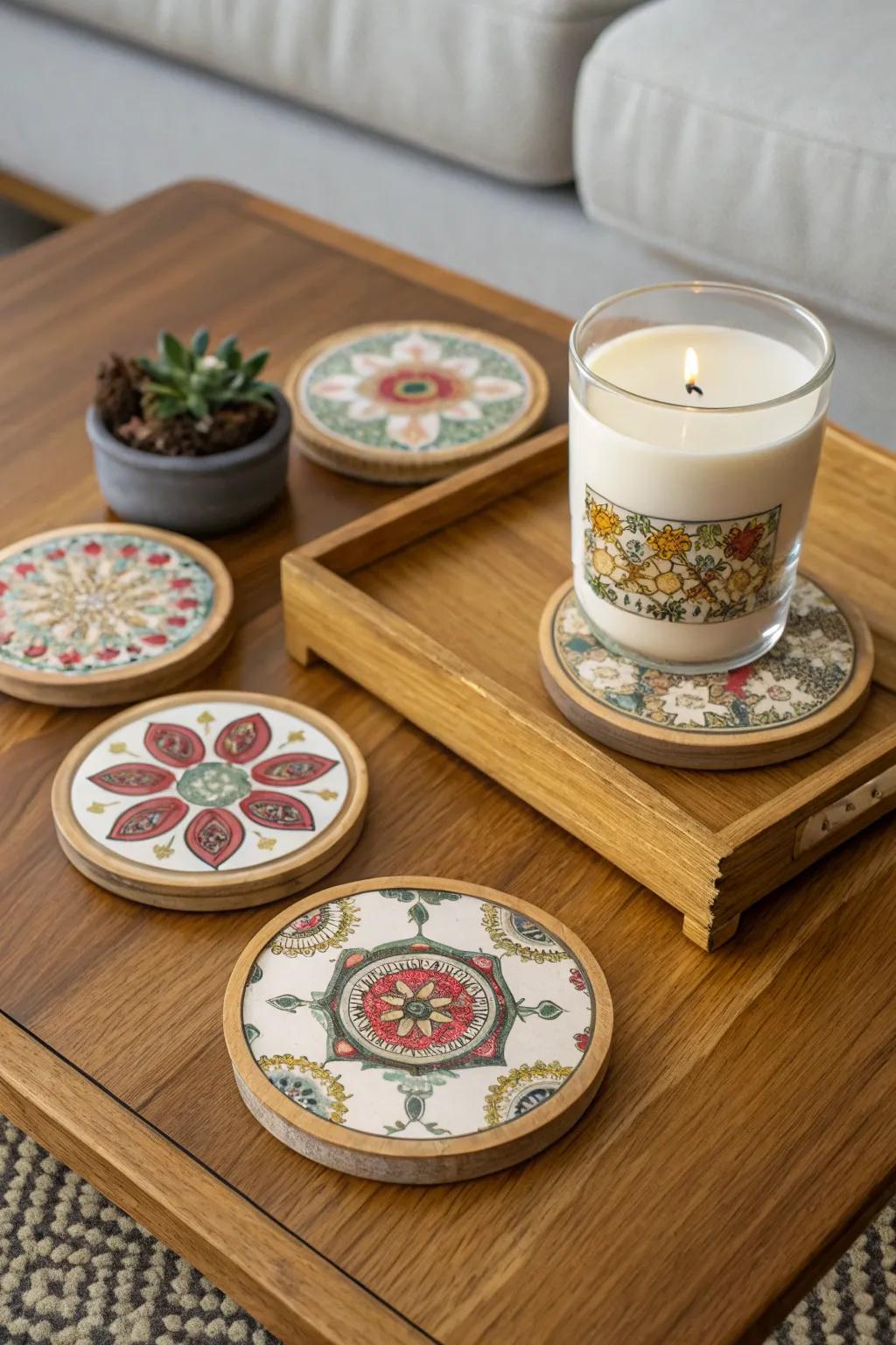 Transform your candle lids into stylish and functional coasters.