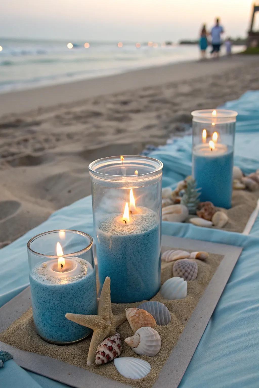 Create a coastal retreat with blue candles and beachy elements.