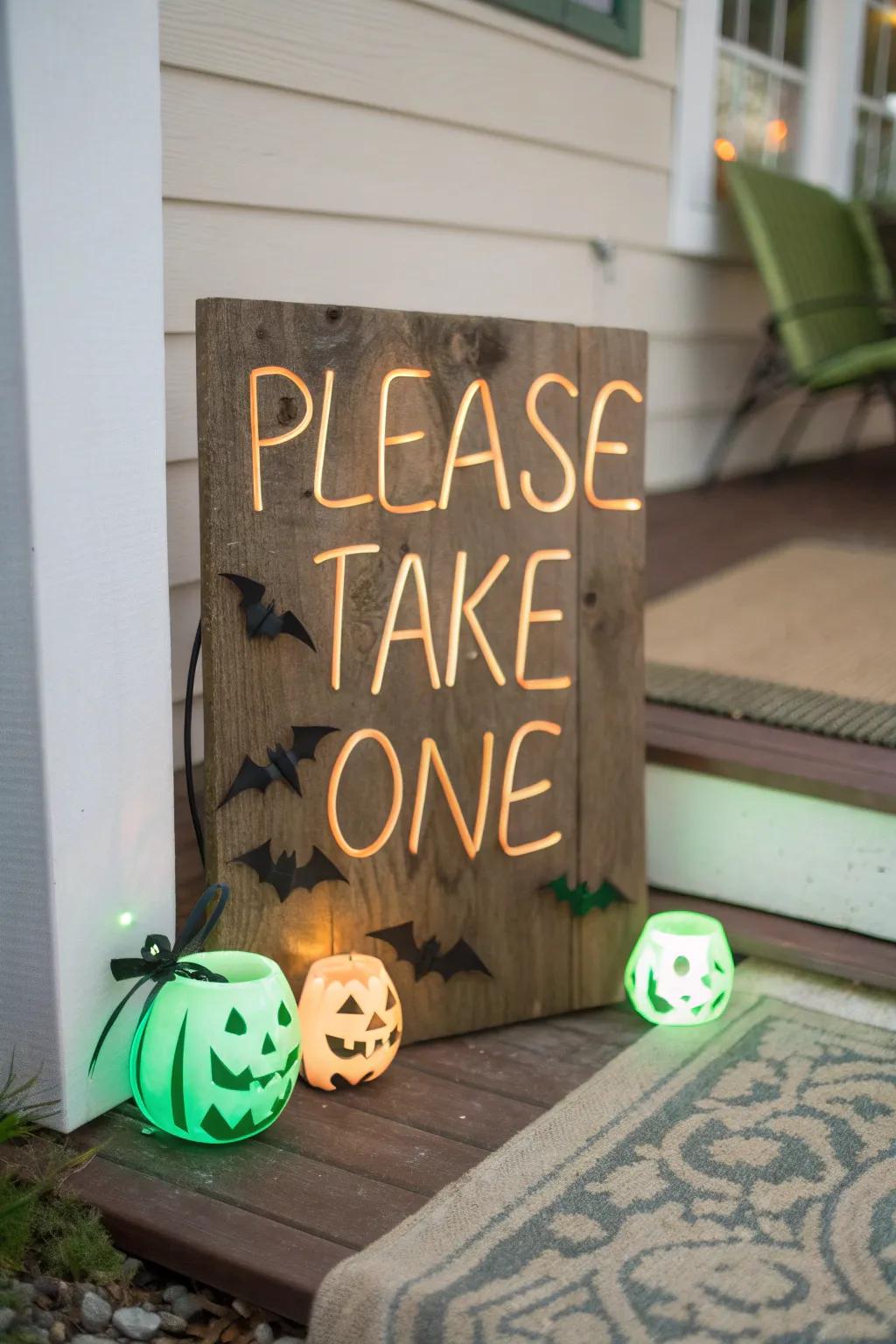 Add a glowing twist to your Halloween decor with this charming 'Please Take One' sign!