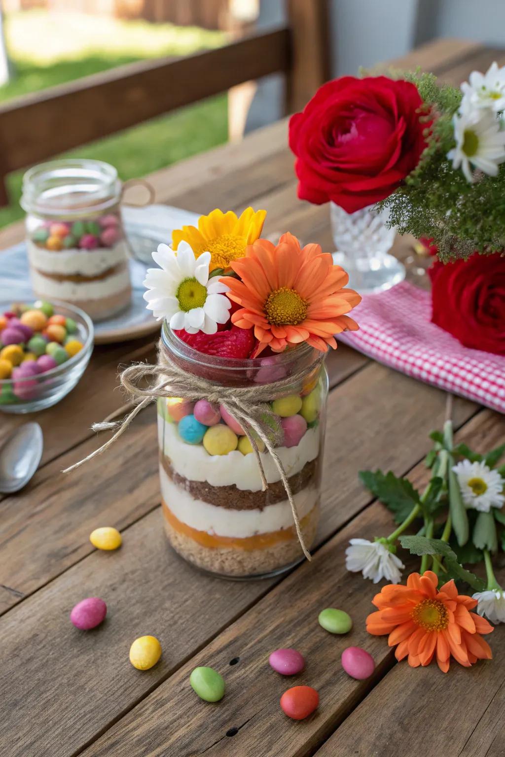 A mason jar candy vase makes for a charming spring centerpiece.