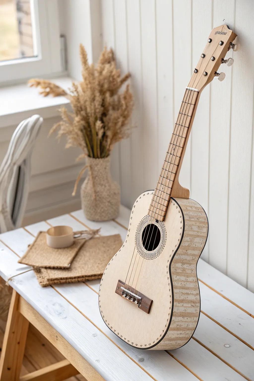 Strum into creativity with a handcrafted cardboard guitar, where simplicity meets playful charm.