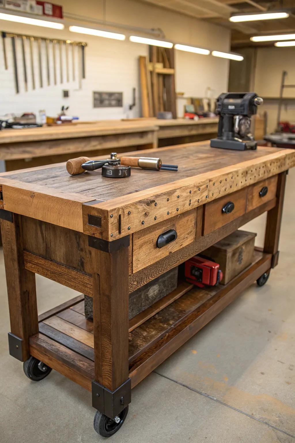 Elevate your DIY space with a custom workbench that's both eco-friendly and mobile.