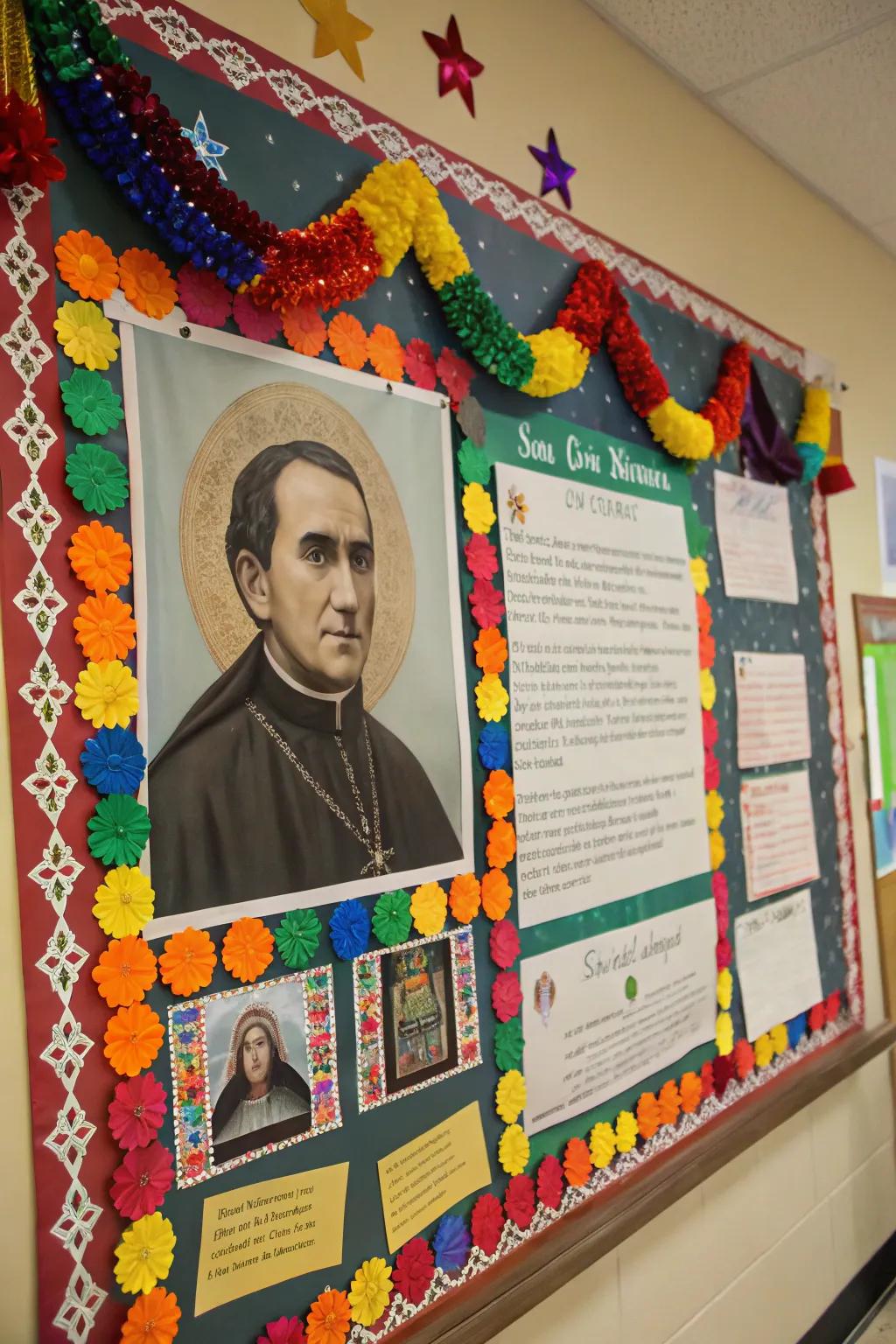 A bulletin board celebrating the Saint of the Week with engaging visuals.