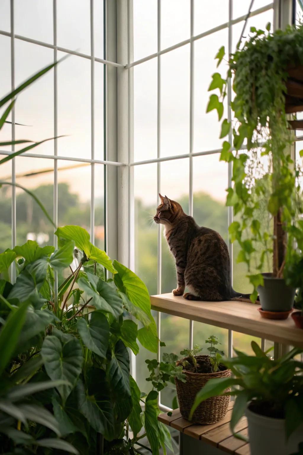 A small window catio with a cat sitting on a perch surrounded by plants.