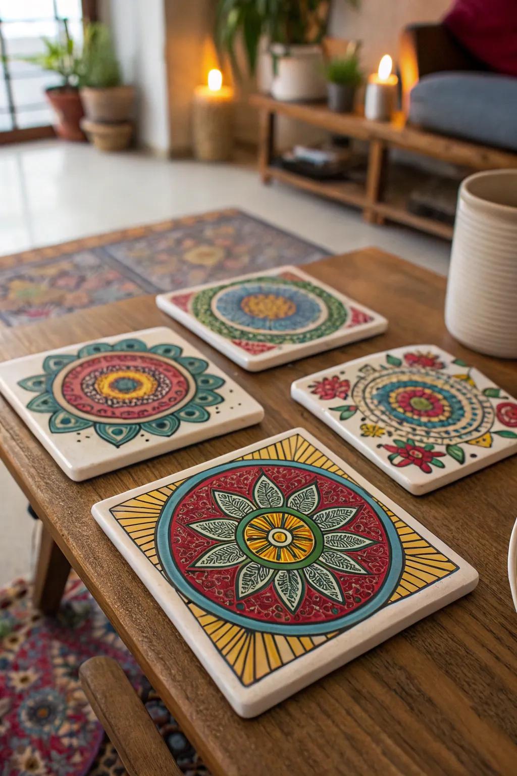 Hand-painted mandala coasters add a personal touch.