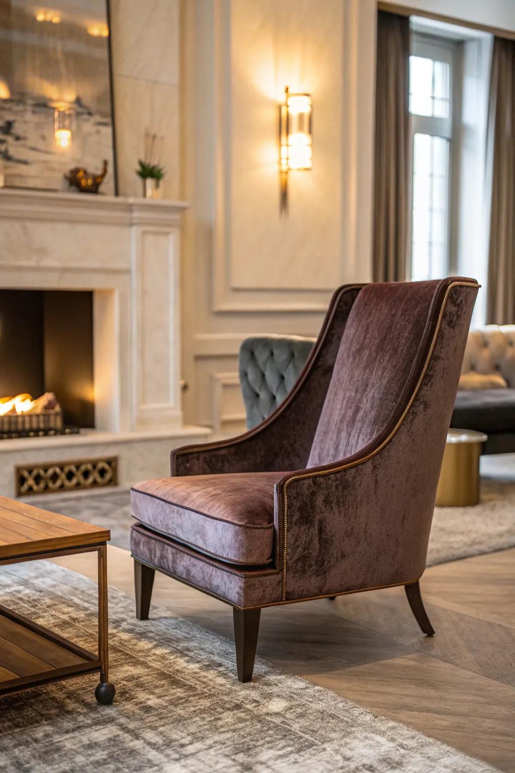 A velvet-draped chair adds elegance and warmth to any room.