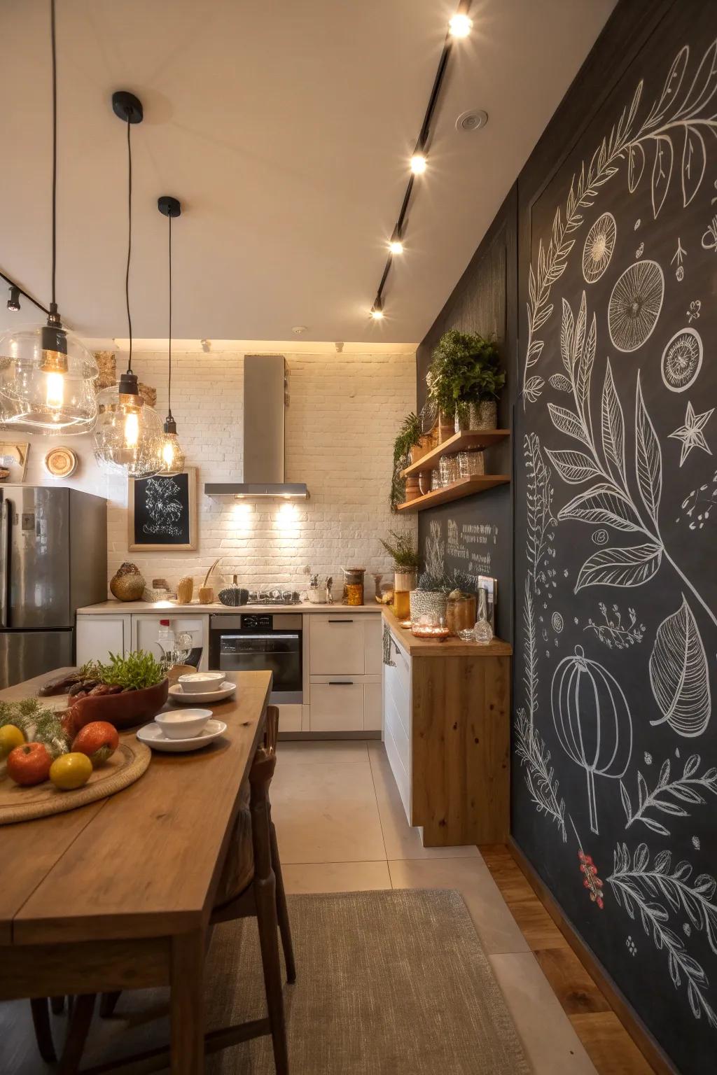 A chalkboard wall in the kitchen offers a dynamic art display.