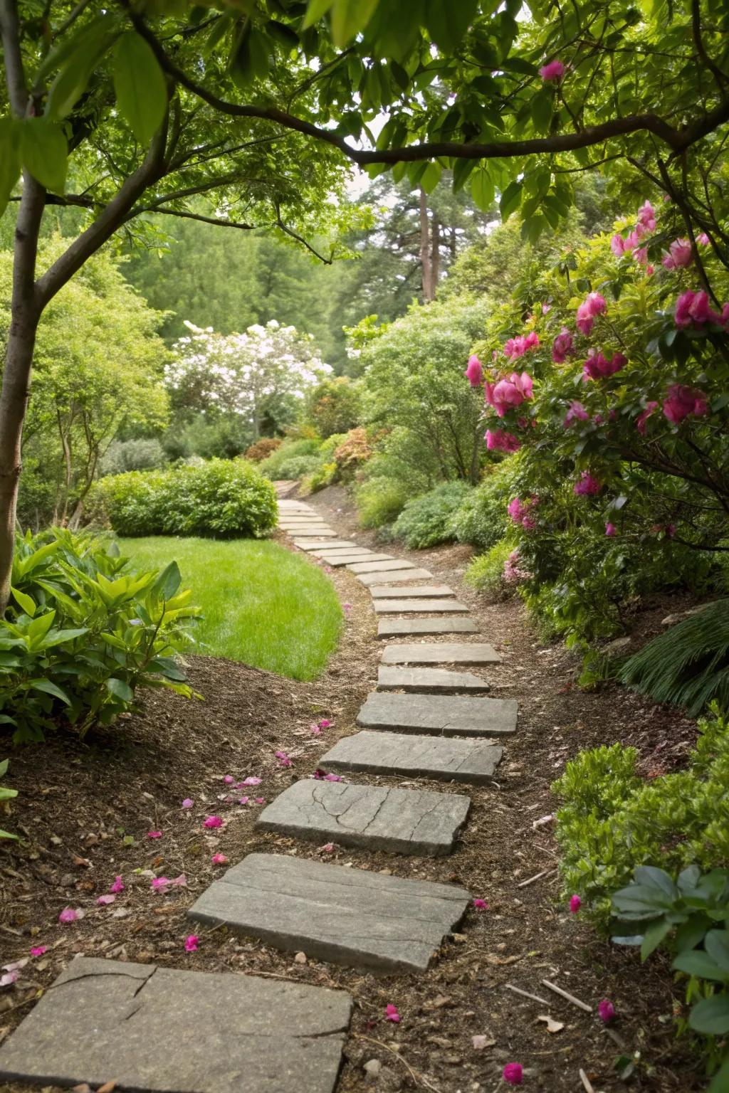 Stepping stones paired with mulch create a rustic garden path.